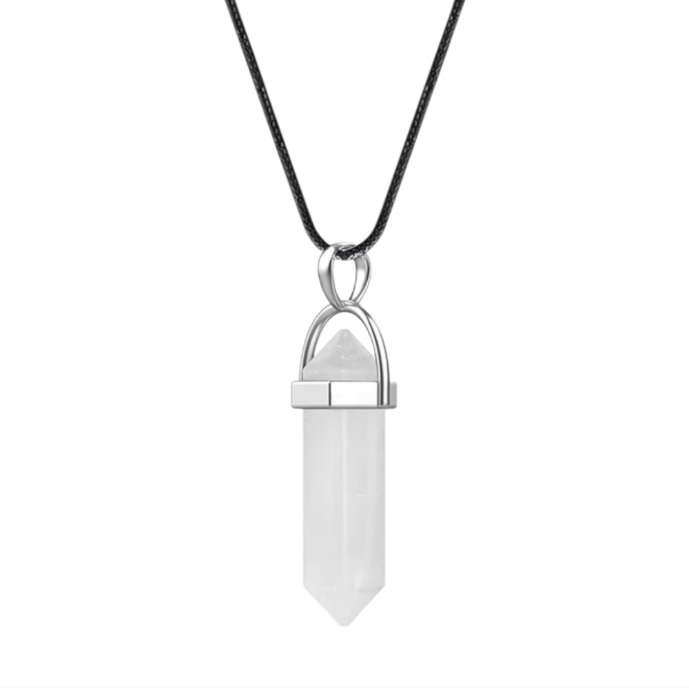 Natural White Quartz Chakra Healing+ Crystal Point‎ Pendant Necklace Black Cord